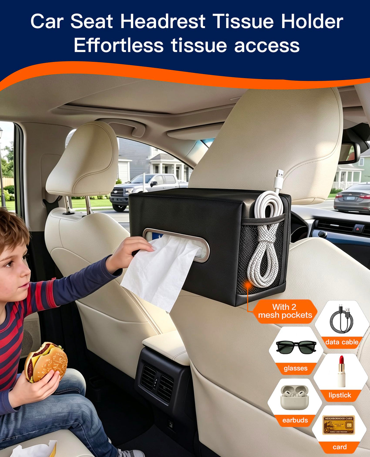 Large Car Tissue Holder PU Leather Organizer with 2 Mesh Pockets
