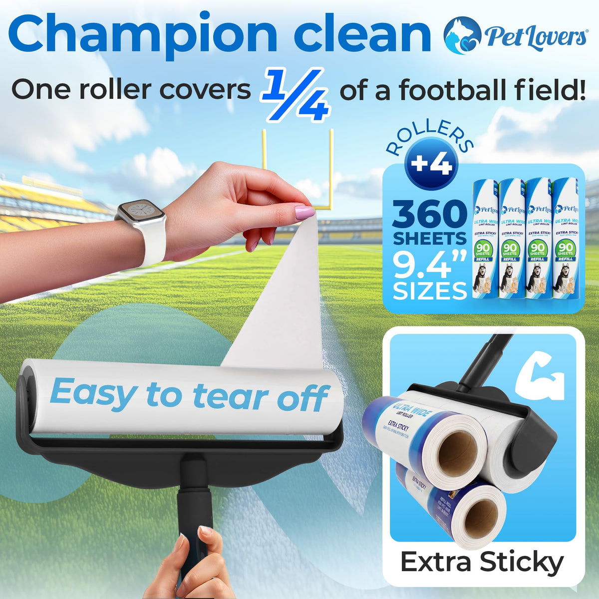 PetLovers Large Lint Roller with 3 Refills – 360 Total Sheets for Tackling Pet Hair, Extra Large Floor and Carpet Roller for Homes with Pets, Perfect for Floors, Furniture, and Loving Pet Owners 4 Pack Floor Roller