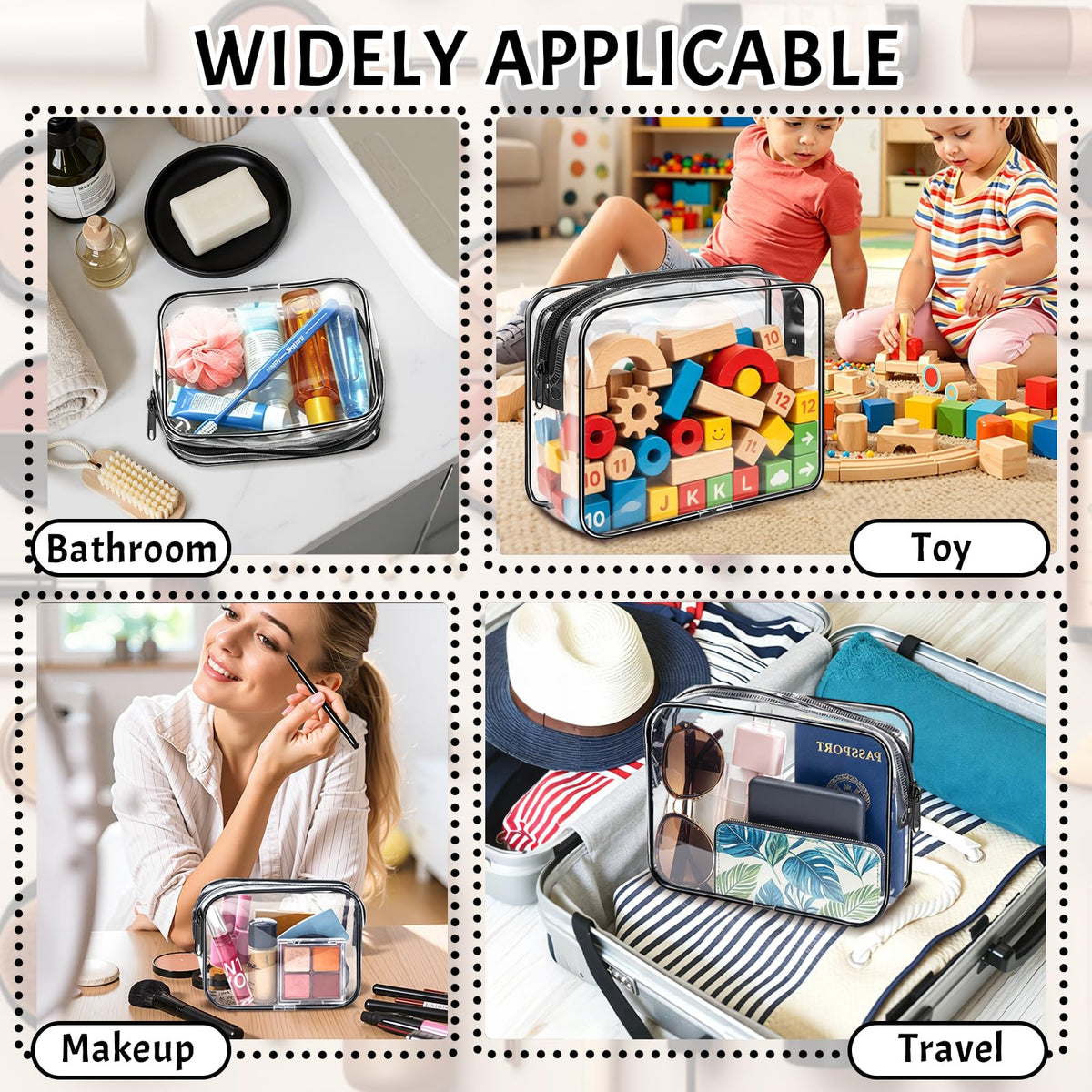 4 Pieces Clear Cosmetic Bags Bulk TSA Approved Toiletry Bag for Travel PVC Waterproof Clear Makeup Pouch with Zipper for Men and Women Carry-on Travel Essentials 4pcs SML Black
