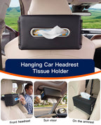 Large Car Tissue Holder PU Leather Organizer with 2 Mesh Pockets