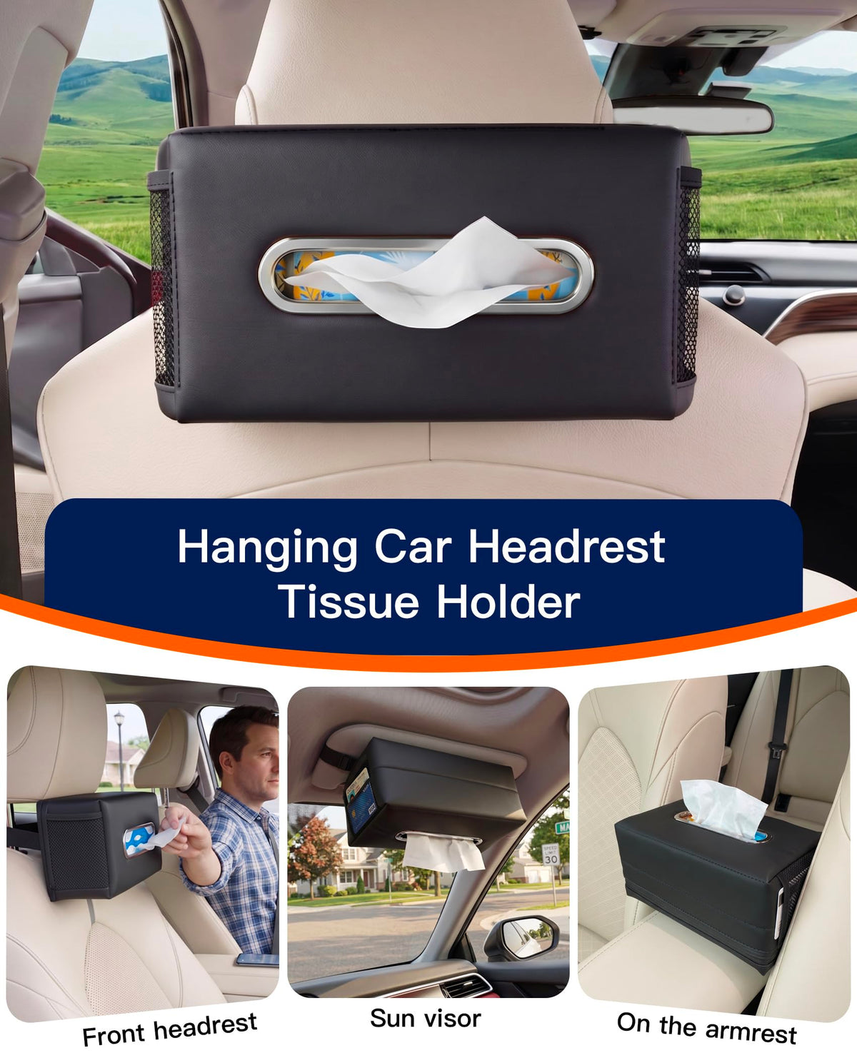 Large Car Tissue Holder PU Leather Organizer with 2 Mesh Pockets
