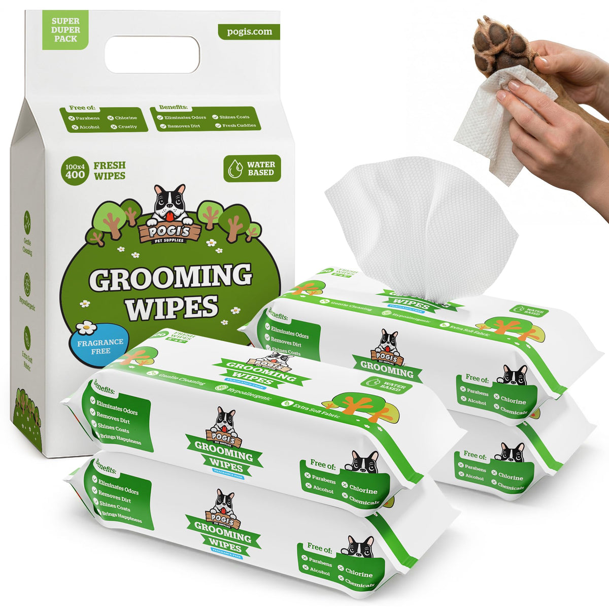 Pogi's Dog Grooming Wipes for Paws & Butt, Fragrance Free, 100