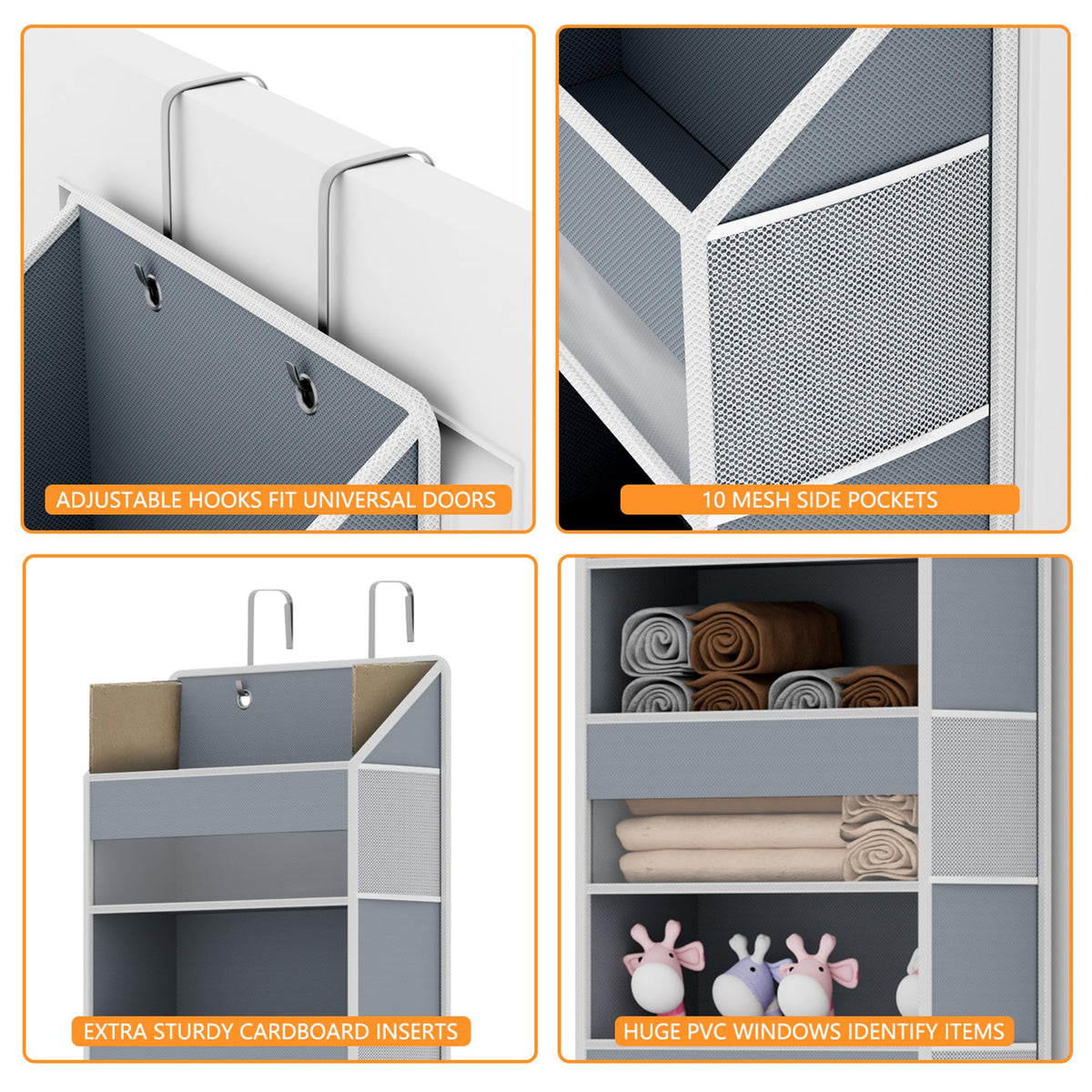 Over The Door Organizer - Over Door Storage Organizer with 5 Large Pockets & 10 Mesh Side Compartments - Heavy-Duty Hanging Storage for Bathroom, Bedroom & Closet - Baby Room Organize - Grey