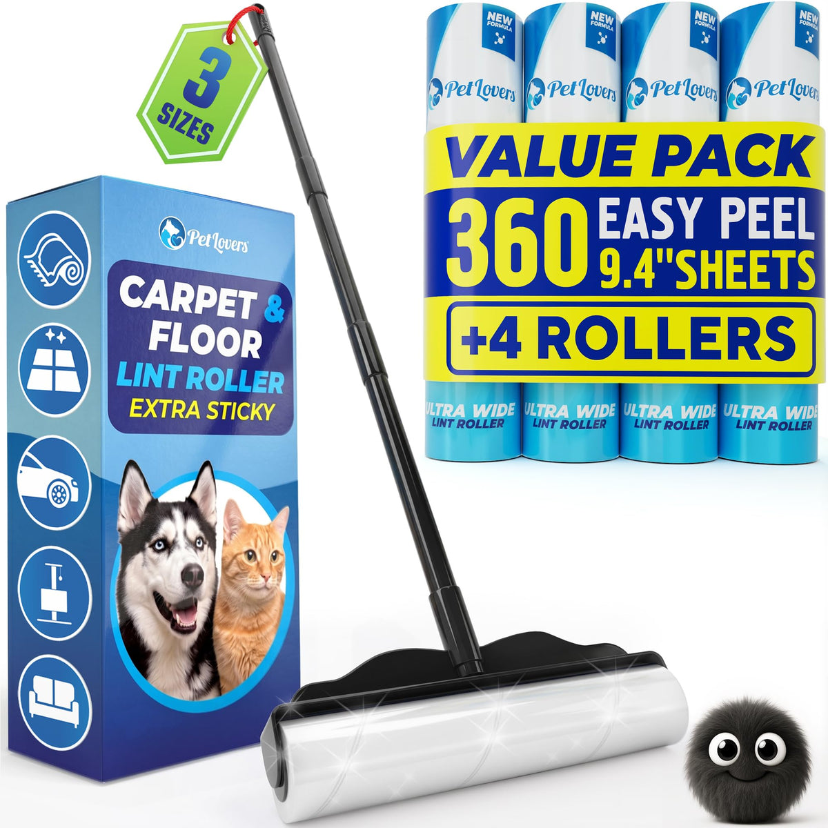 PetLovers Large Lint Roller with 3 Refills – 360 Total Sheets for Tackling...