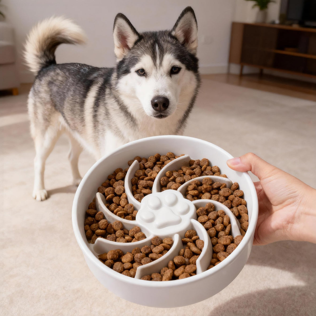 Ceramic Slow Feeder Dog Bowl, 3 Cup Dog Food or 25oz Water, Slow Eating Bowl for Middle Breed, Maze Puzzle Feeder for Fast Eaters, Anti-Choking Stop Bloat, Non-Slip BPA Free (White) White