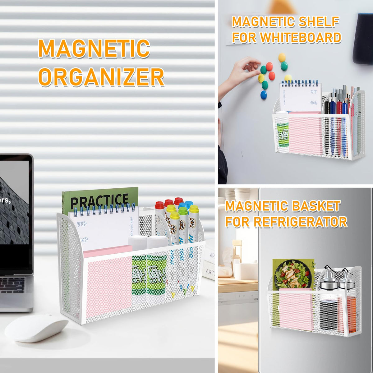 Magnetic Pencil Holder-Magnetic Basket for Fridge 3-Grid Mesh Magnetic Pen Holder for Refrigerator, Extra Strong Magnets Mesh Marker Holder Locker Accessories Organizer for Whiteboard Black
