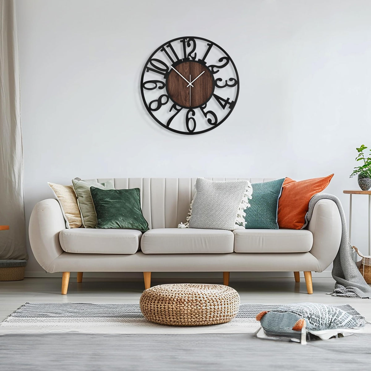 Maxstar Round Wall Clock for Living Room Decor Battery Operated Non Ticking Black Metal Wood Clocks for Home Living Room Garden Office Kitchen Decoration -16 inch Black-arabic Numerals 16 Inch