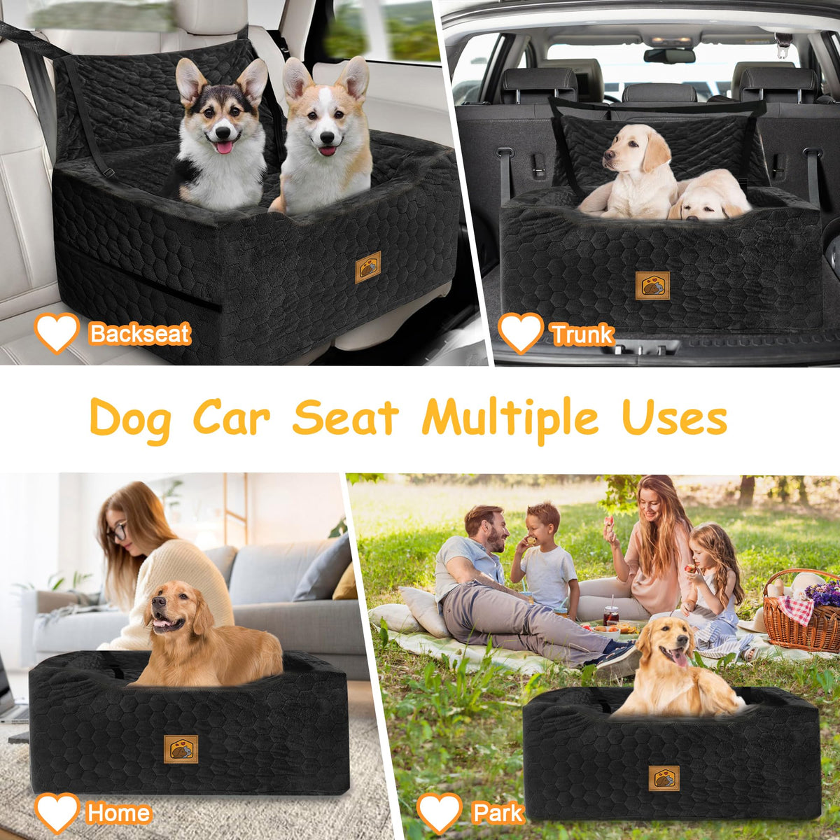 Dog Car Seat for Medium/Large Dog Booster Seat Under 60 lbs or 2 Small Dogs, Multi-Functional Pet Car Seat with Thick Cushion, 2 Safety Leashes (Gray) Gray Large