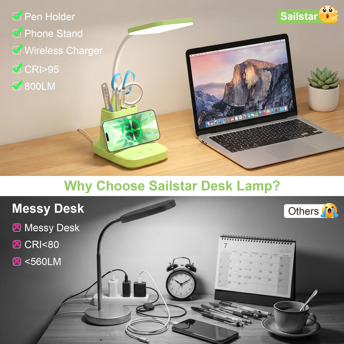 10W Wireless Charging LED Desk Lamp with Clock, Light Black