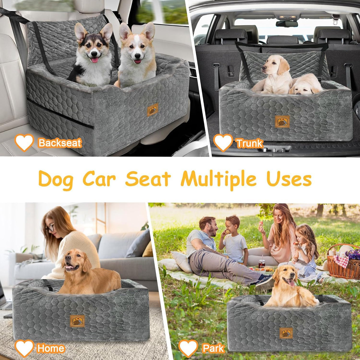 Dog Car Seat for Medium/Large Dog Booster Seat Under 60 lbs or 2 Small Dogs, Multi-Functional Pet Car Seat with Thick Cushion, 2 Safety Leashes (Gray) Gray Large