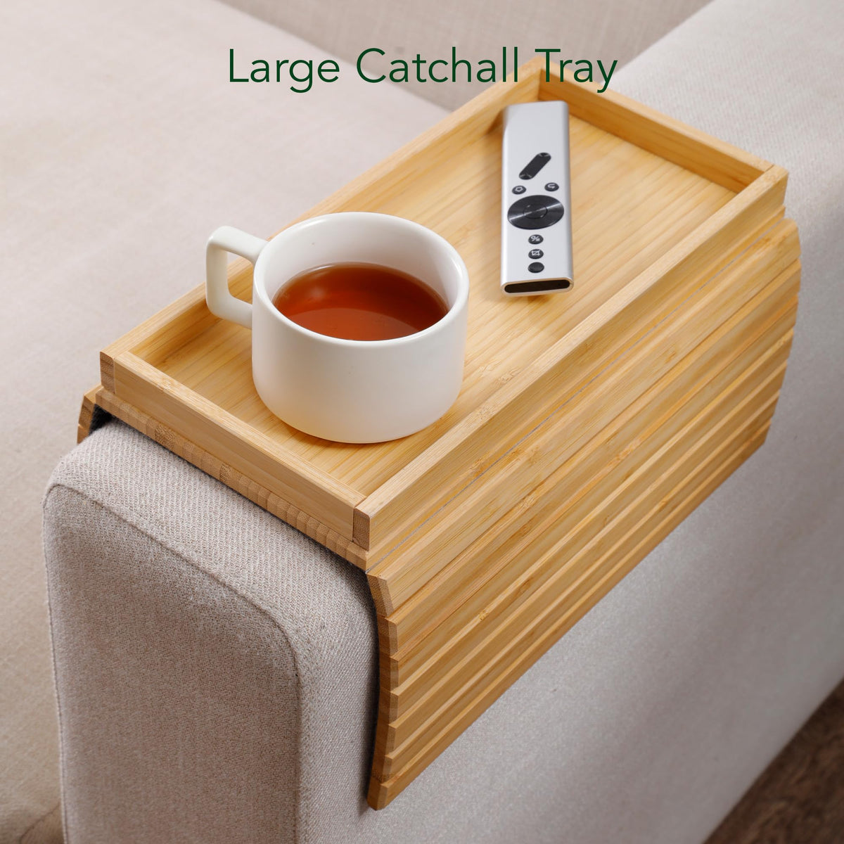 DETOR Couch Arm Tray with Spacious 12.4" x 5.4" Storage Box, Walnut Bamboo Finish, Enhanced Non-Slip Felt Bottom, Sturdy Bamboo Slats, Fits Armrests 6" and Wider