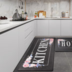 Floral Kitchen Mat Sets 2PCS Non Skid Waterproof Kitchen Rugs and Runner Sets Cushioned Anti-Fatigue Comfort Mat for Home,Office Memory Foam Kitchen Rug, 17.3"x30"+17.3"x47", Black/Pink 17"x30"+17"x47"--0.4 inches