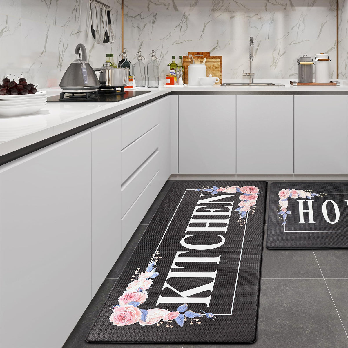 Floral Kitchen Mat Sets 2PCS Non Skid Waterproof Kitchen Rugs and Runner Sets Cushioned Anti-Fatigue Comfort Mat for Home,Office Memory Foam Kitchen Rug, 17.3"x30"+17.3"x47", Black/Pink 17"x30"+17"x47"--0.4 inches