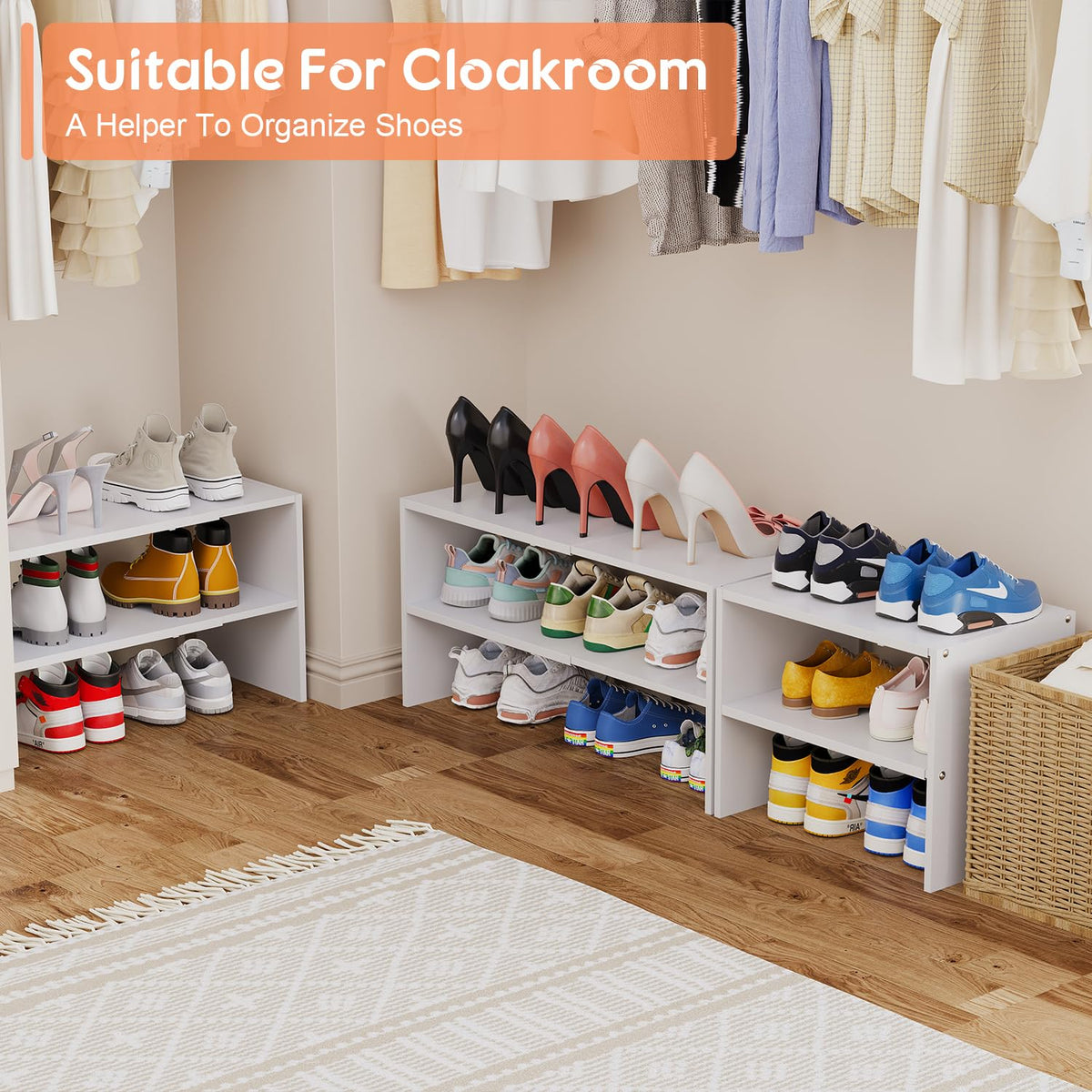 3-Tier Expandable White Shoe Rack Organizer for Closet, Stackable Shoe Racks Storage Shelf, Small Metal Wood Combination Shoe Shelves for Closets,Entryway,Front Door, Narrow Space,Hallway,8-16 Pairs 1 PACK(3-Tier）