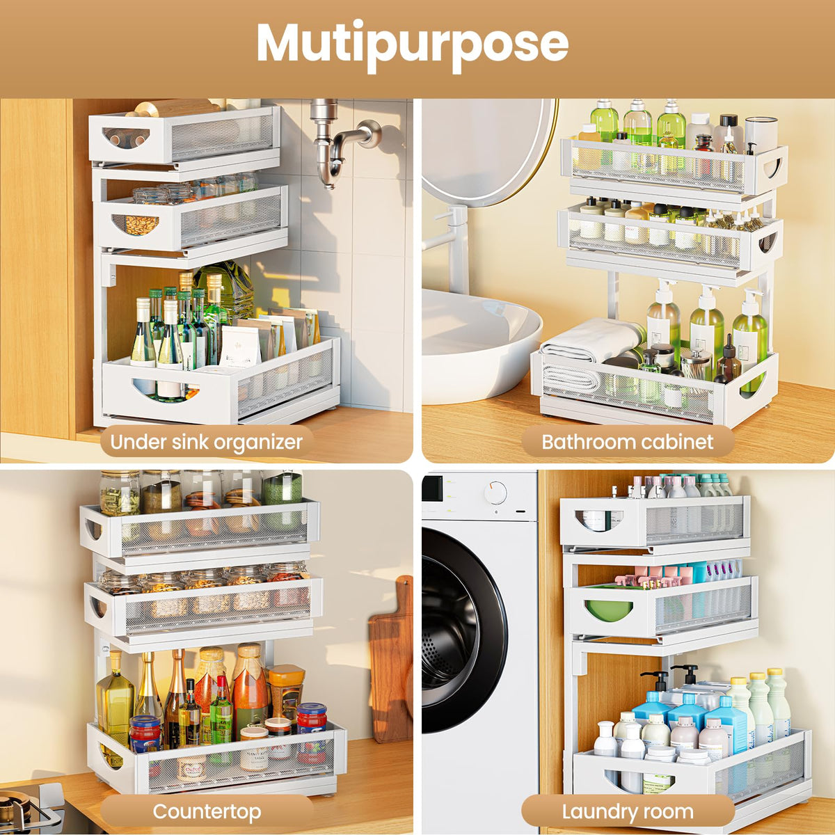 Under Sink Organizer for Kitchen and Bathroom Cabinets Pull Out Storage White 2 Pack 2Tier