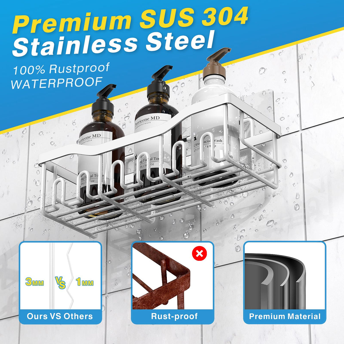 EUDELE Adhesive Shower Caddy, 5 Pack Rustproof Stainless Steel Bath Organizers With Large Capacity, No Drilling Shelves for Bathroom Storage & Home Decor Black