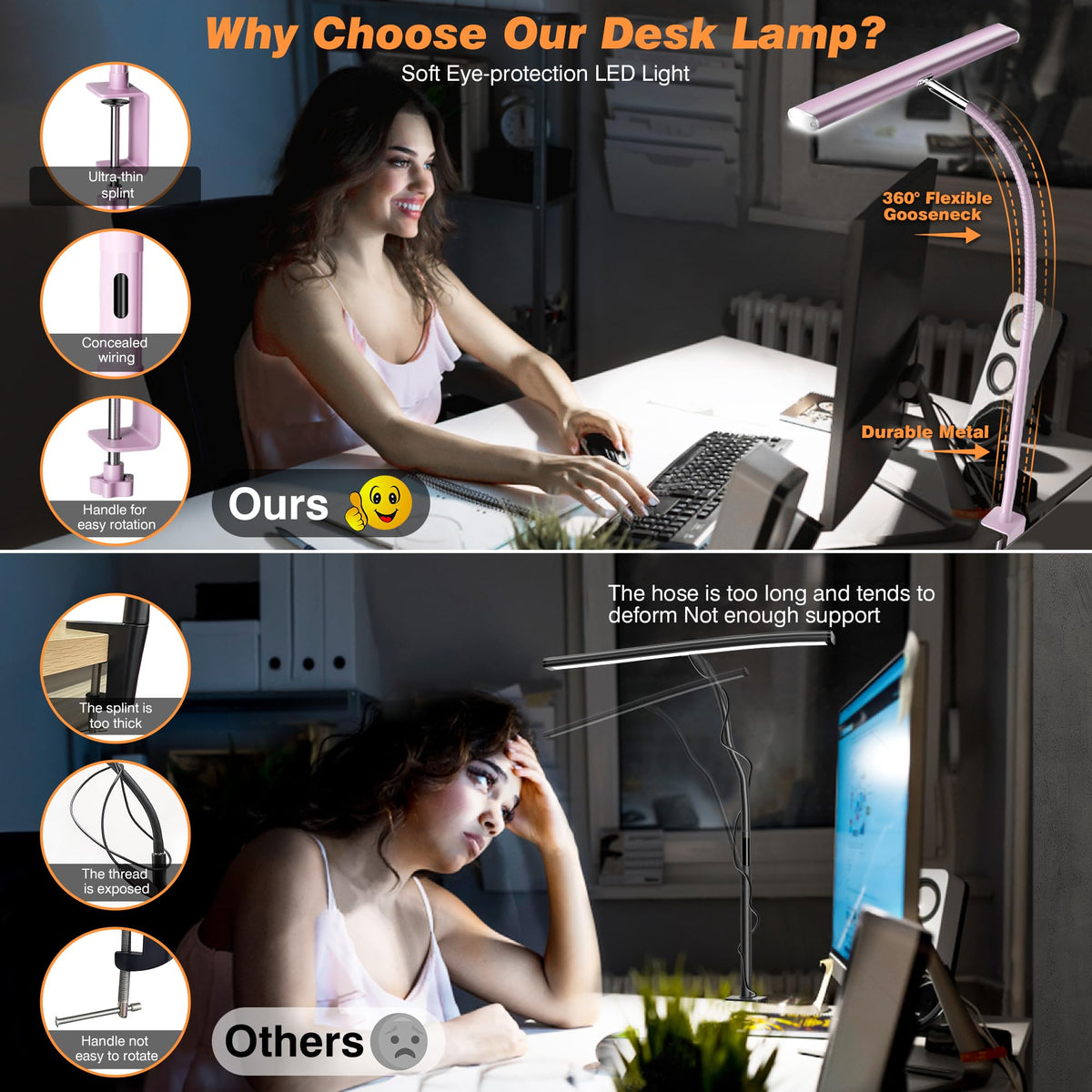 Airlonv LED Desk Lamp with Clamp, 17" Stepless Dimming Light, Black Standard