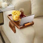 TINAMO Sofa Arm Tray with 360° Phone Holder, Clip-On Tray, Walnut Finish 13.8" x 9.5" x 1"