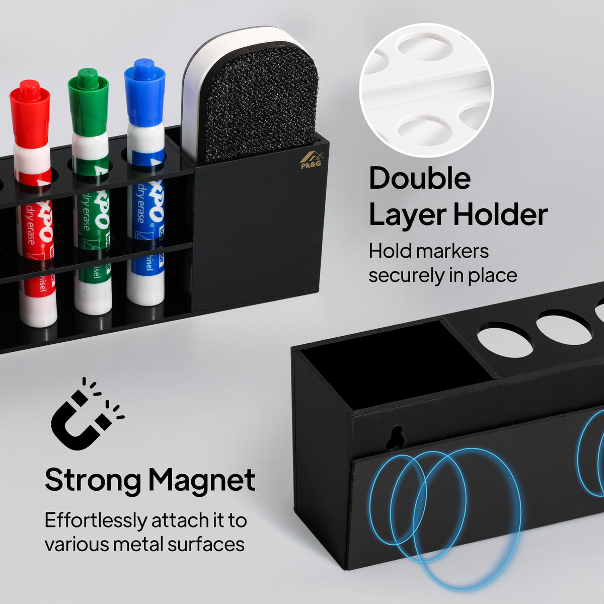 Slim Magnetic Dry Erase Marker Holder for Whiteboard, Space Saving Pen Organizer with Glass and Wall Mount Accessories for Fridge, Office, and School. Markers, Eraser, Cleaner Not Included (Black) Black