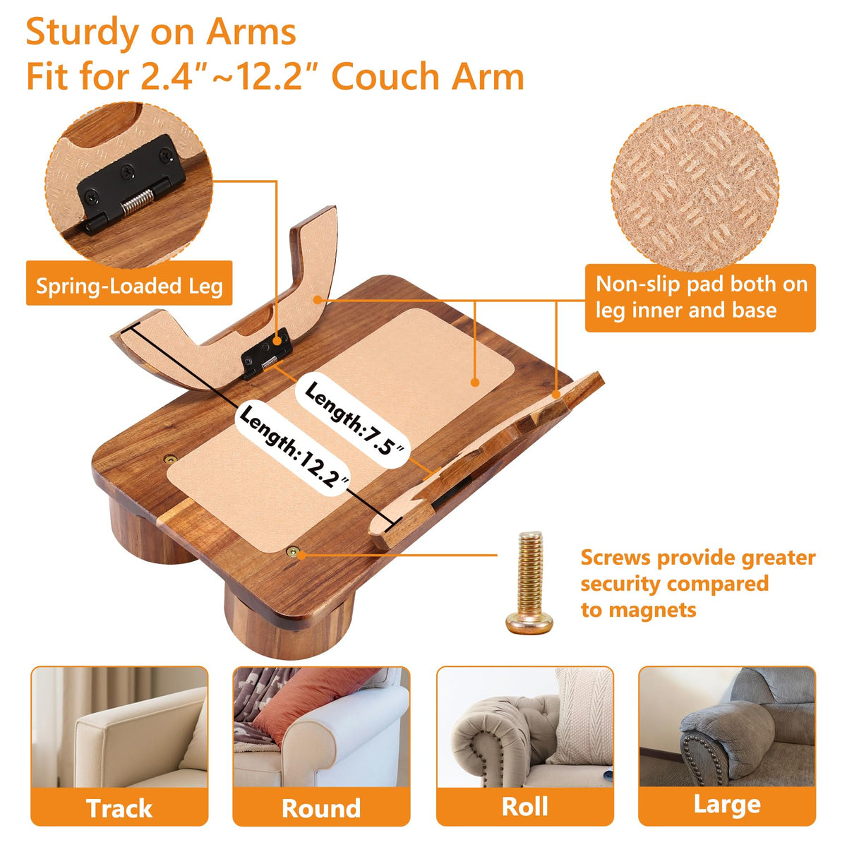 Acacia Couch Arm Table with Charcuterie Board,15.7" x 9.8"
