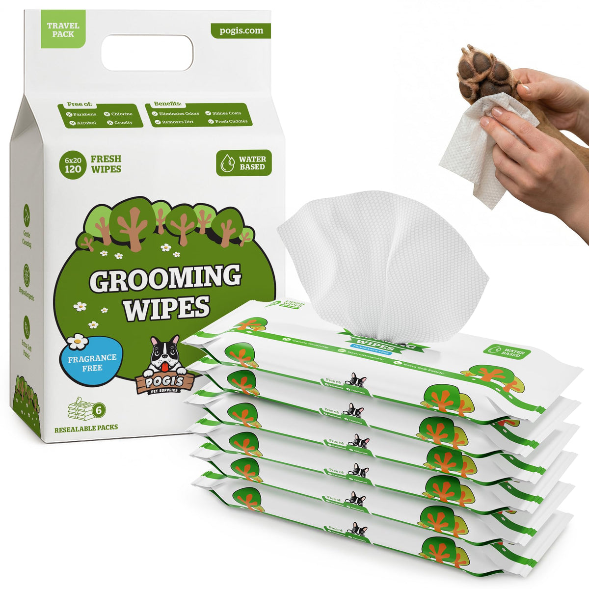 Pogi's Dog Grooming Wipes for Paws & Butt, Fragrance Free, 100
