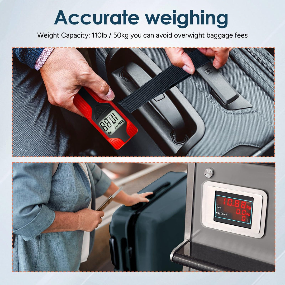 Battery-Free Luggage Scale – No Batteries Needed, Portable Digital Hanging Suitcase Weight Scale for Air Travel & Checked Bags, 110lb/50kg, LCD Display, Compact Travel Accessory Red-Large Handle