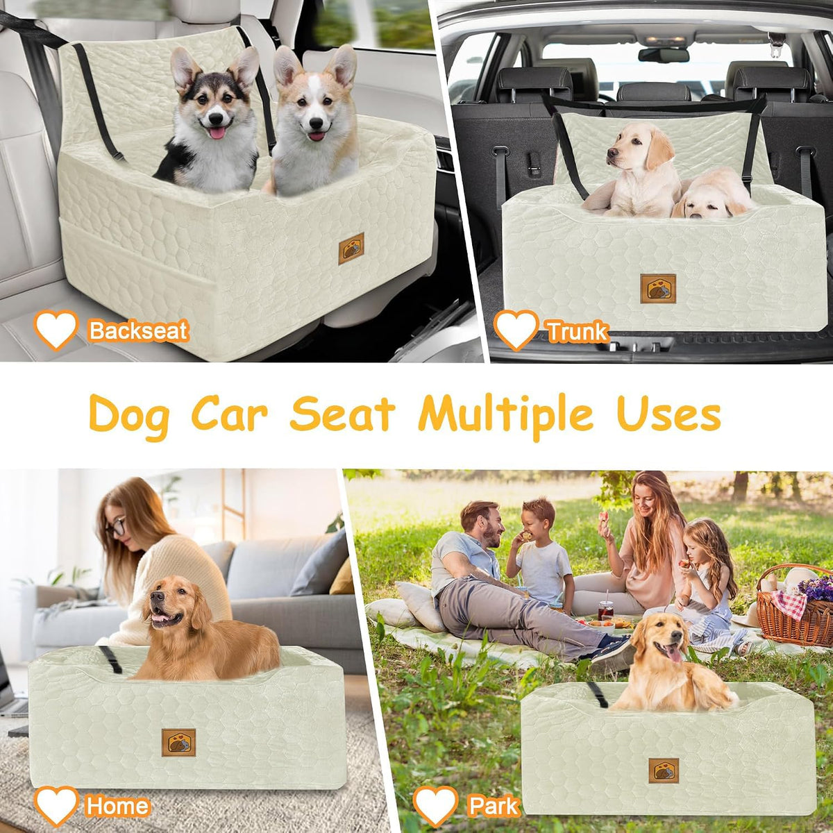 Dog Car Seat for Medium/Large Dog Booster Seat Under 60 lbs or 2 Small Dogs, Multi-Functional Pet Car Seat with Thick Cushion, 2 Safety Leashes (Gray) Gray Large