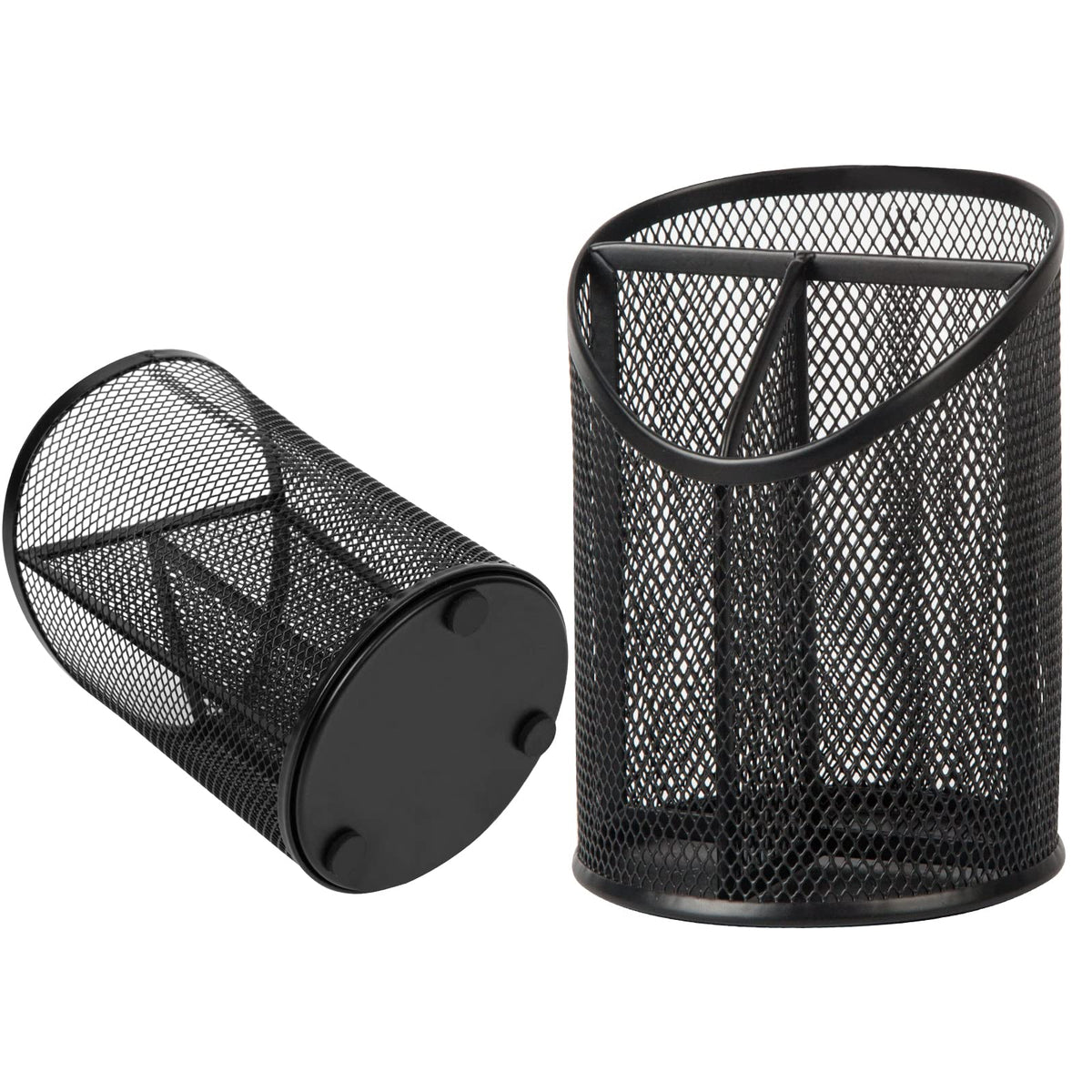Delifox 2 Pack Pen Holder Mesh Round Pencil Holder 3 Compartments, Black