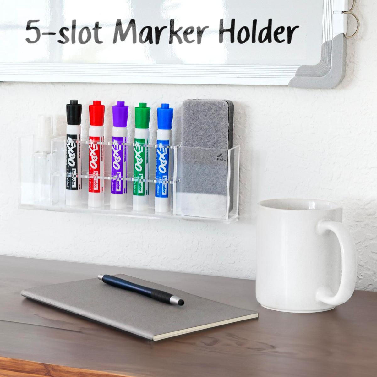 Slim Magnetic Dry Erase Marker Holder for Whiteboard, Space Saving Pen Organizer with Glass and Wall Mount Accessories for Fridge, Office, and School. Markers, Eraser, Cleaner Not Included (Black) Black