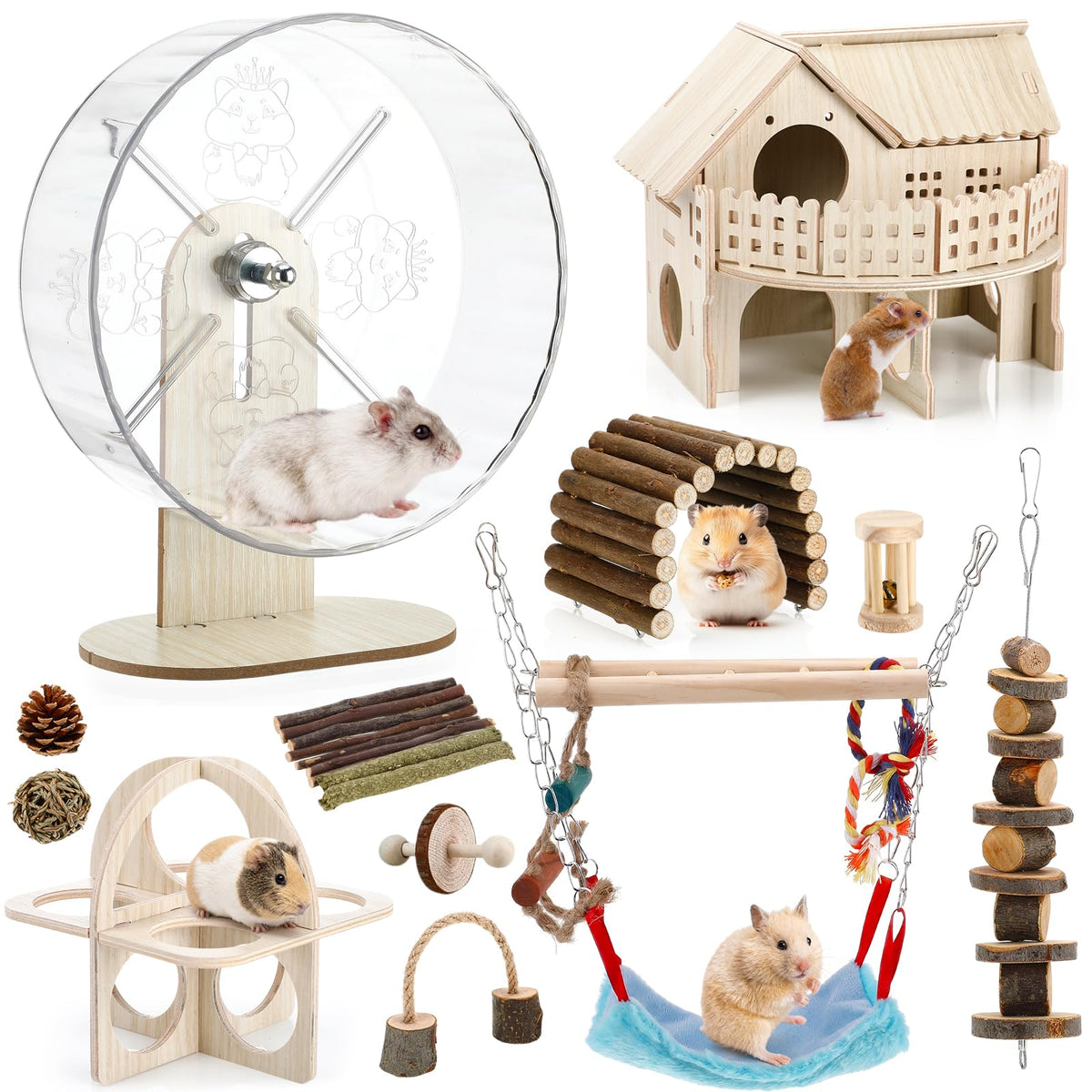 11 Pcs Hamster Cage Accessories, 9.5" Wooden Gerbil Wheel