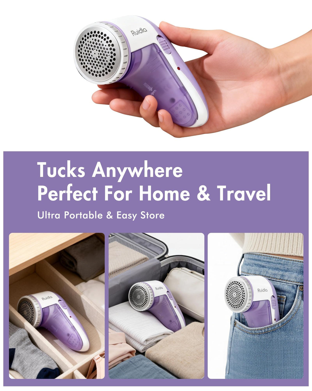 Ruidla Fabric Shaver Lint Shaver Defuzzer, Rechargeable Lint Remover Purple Rechargeable Size