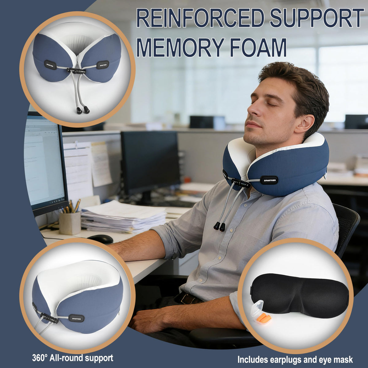Travel Neck Pillow, Memory Foam Airplane Pillow for Long Flights Blue