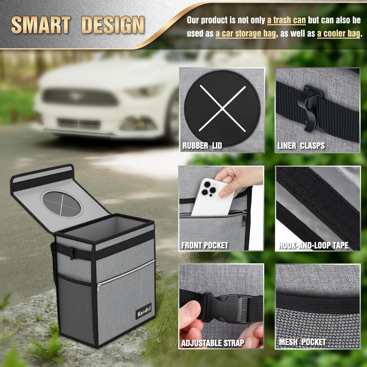 K KNODEL Car Trash Can with Lid, Leak-Proof Car Garbage Can with Storage Pockets, Waterproof Auto Garbage Bag Hanging for Headrest (Small, Gray)