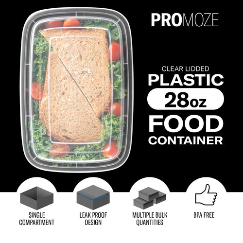 50-Pack Reusable Meal Prep Containers Microwave Safe Food Storage Containers with Lids, 28 oz - 1 Compartment Take Out Disposable Plastic Bento Lunch Box To Go, BPA Free - Dishwasher & Freezer Safe