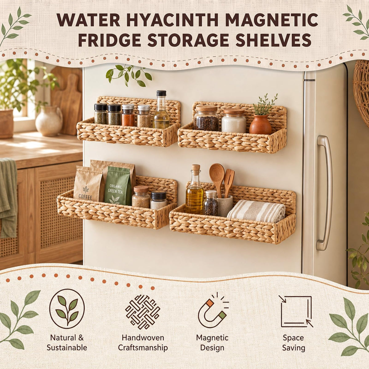 4 Pcs Magnetic Spice Rack for Refrigerator, Magnetic Shelf, Water Hyacinth
