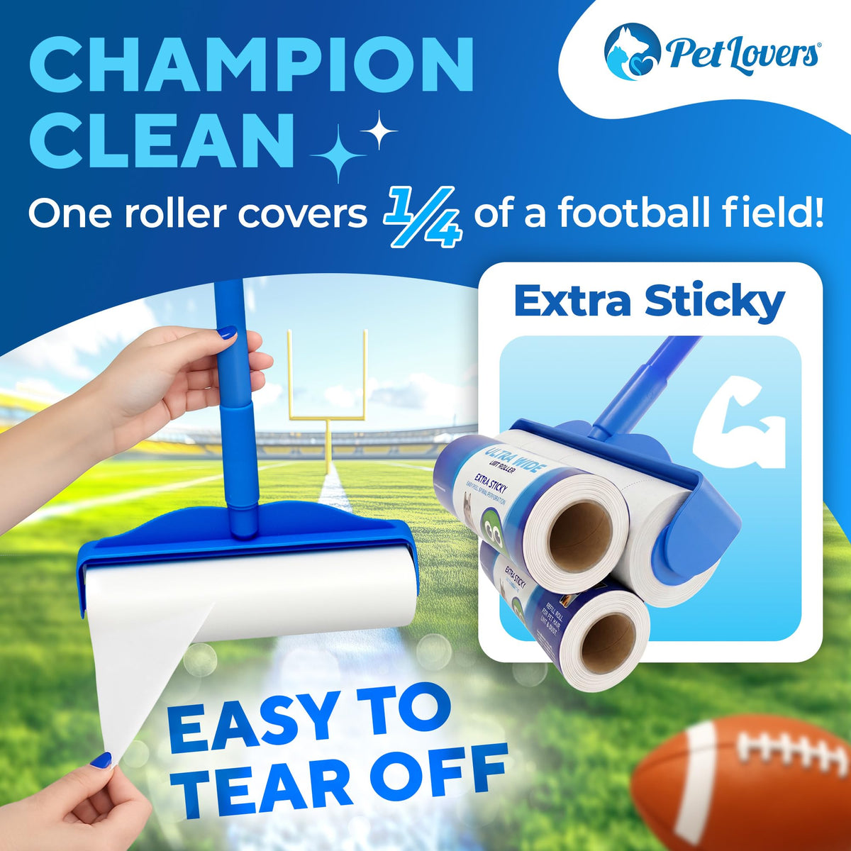PetLovers Large Lint Roller with 3 Refills – 360 Total Sheets for Tackling Pet Hair, Extra Large Floor and Carpet Roller for Homes with Pets, Perfect for Floors, Furniture, and Loving Pet Owners 4 Pack Floor Roller