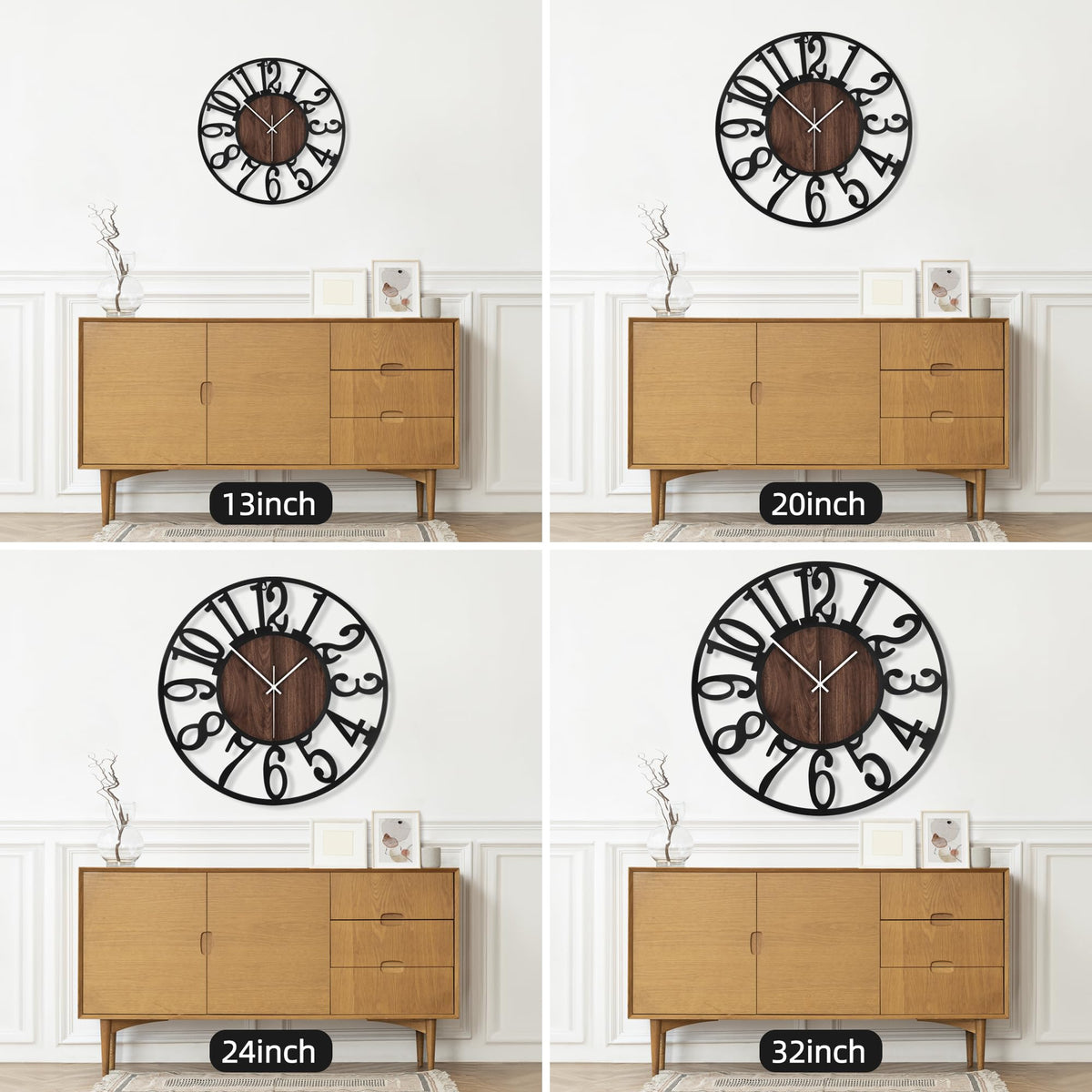 Maxstar Round Wall Clock for Living Room Decor Battery Operated Non Ticking Black Metal Wood Clocks for Home Living Room Garden Office Kitchen Decoration -16 inch Black-arabic Numerals 16 Inch