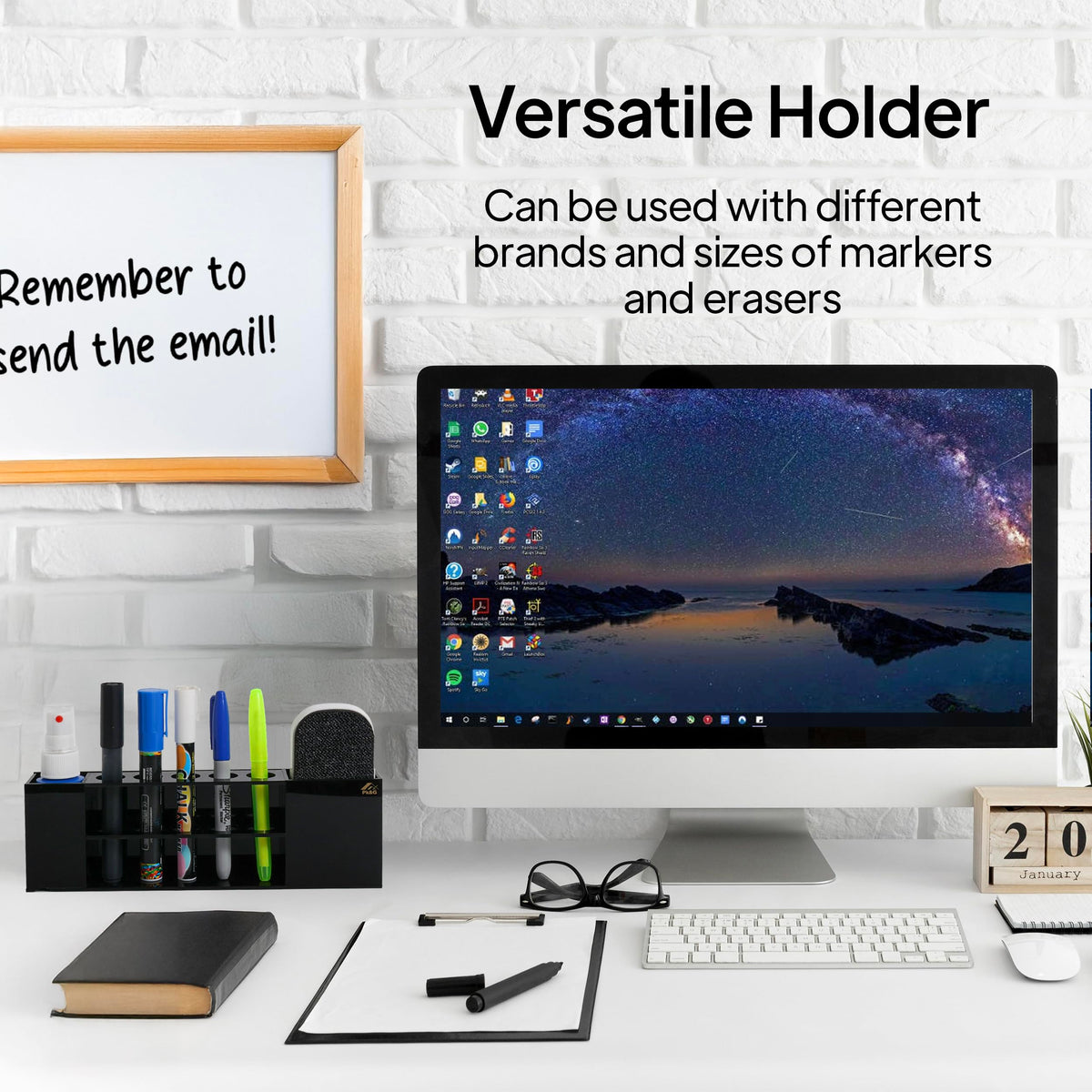 Slim Magnetic Dry Erase Marker Holder for Whiteboard, Space Saving Pen Organizer with Glass and Wall Mount Accessories for Fridge, Office, and School. Markers, Eraser, Cleaner Not Included (Black) Black