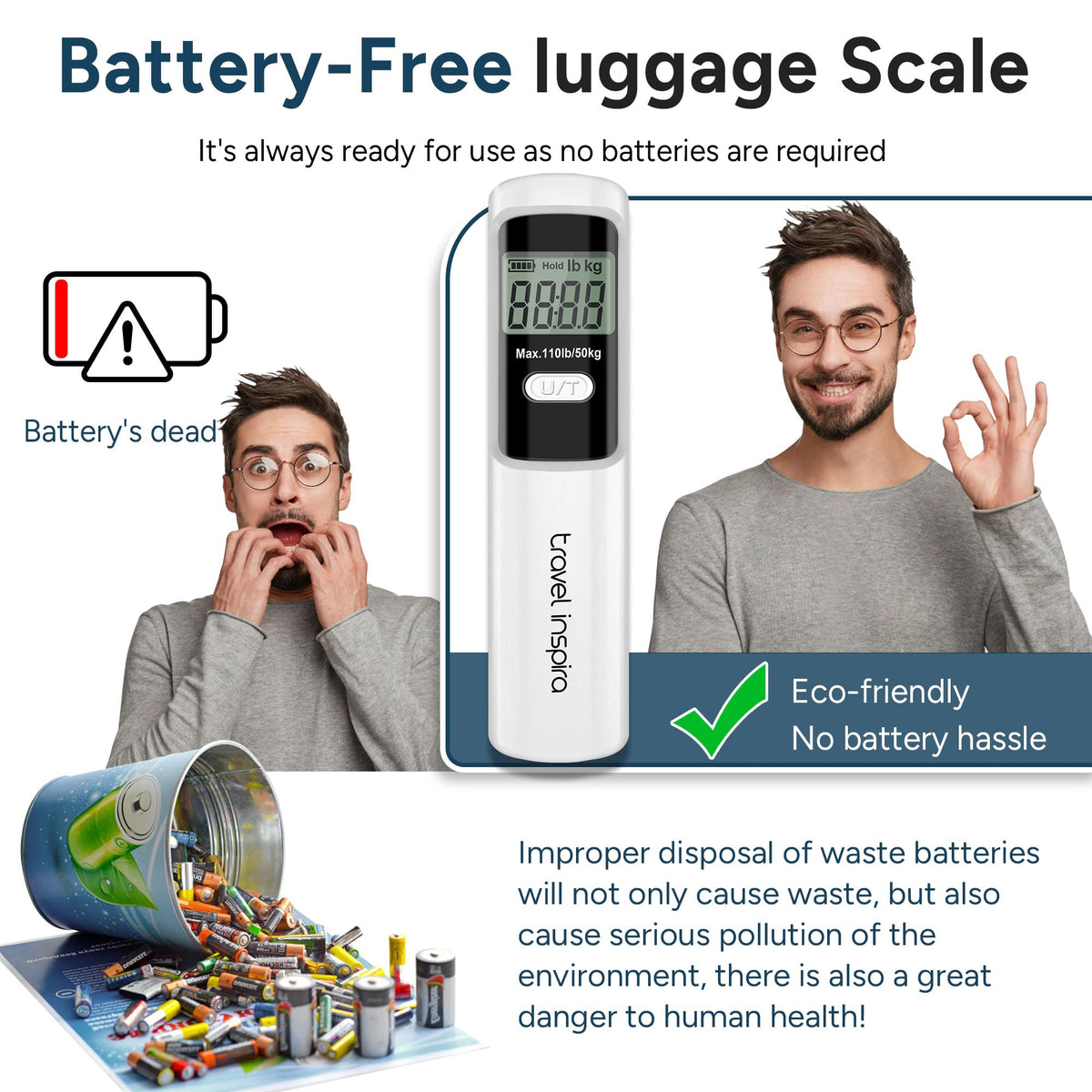 Battery-Free Luggage Scale – No Batteries Needed, Portable Digital Hanging Suitcase Weight Scale for Air Travel & Checked Bags, 110lb/50kg, LCD Display, Compact Travel Accessory Red-Large Handle