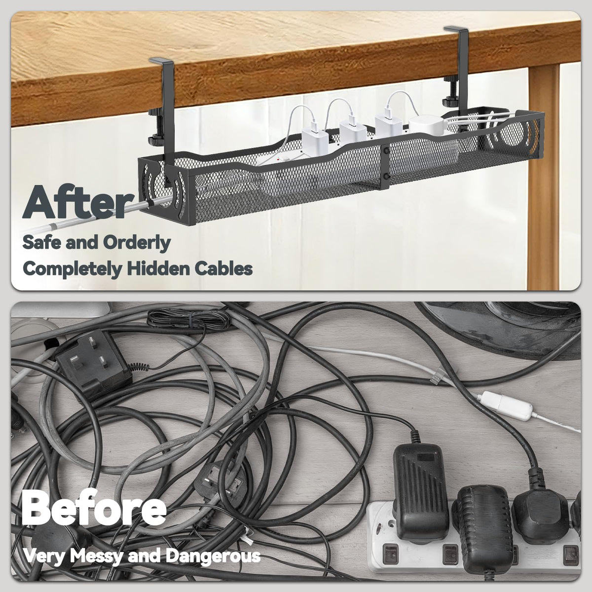 Cable Management, 25.3'' Under Desk Cable Management Tray No Drill 25.3 inch Black