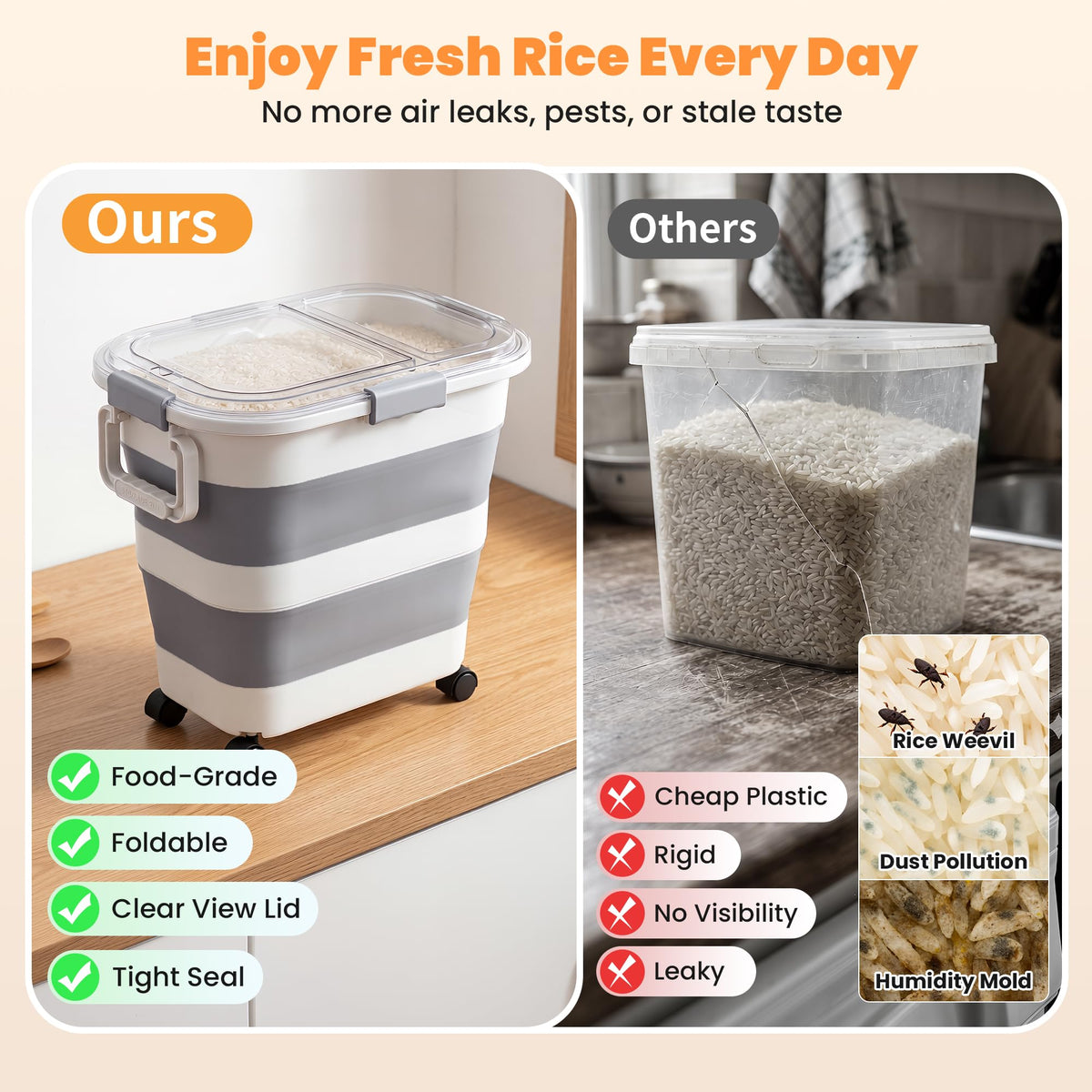 30 Lbs Rice Container, Collapsible Dog Food Storage Container 30 lbs