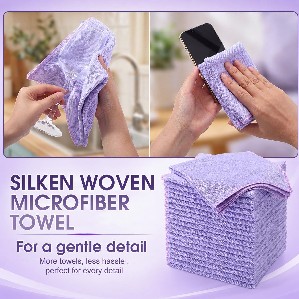 Nuenen Car Microfiber Clean Cloths, Purple, 16 x 16 Inch, 60 Pcs 16 x 16 inches