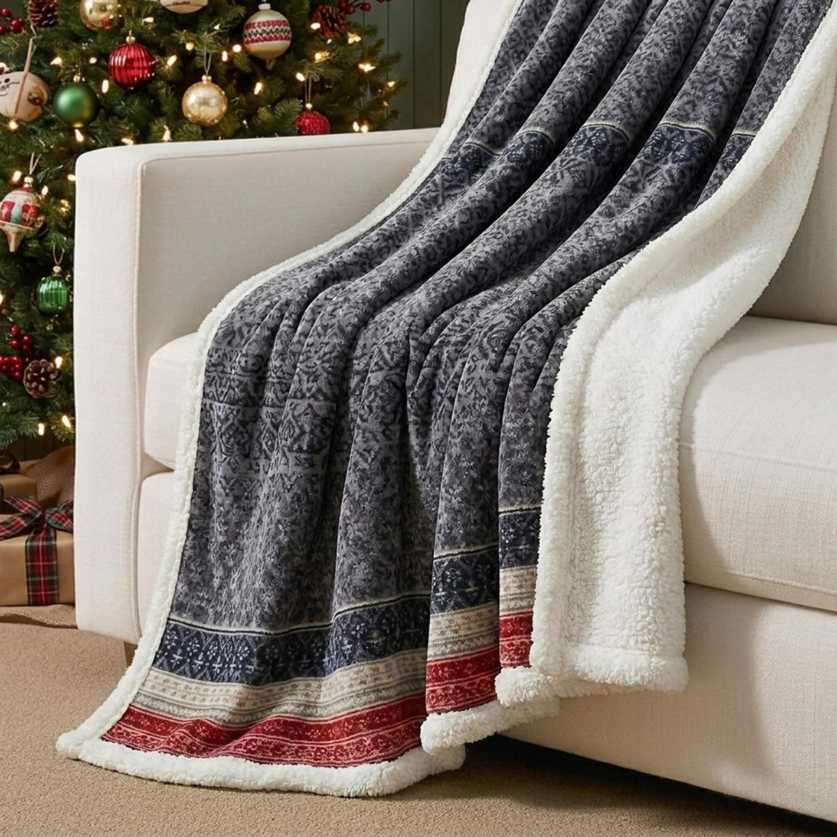 Nordic Plaid Green Sherpa Throw Blanket for Bed and Couch