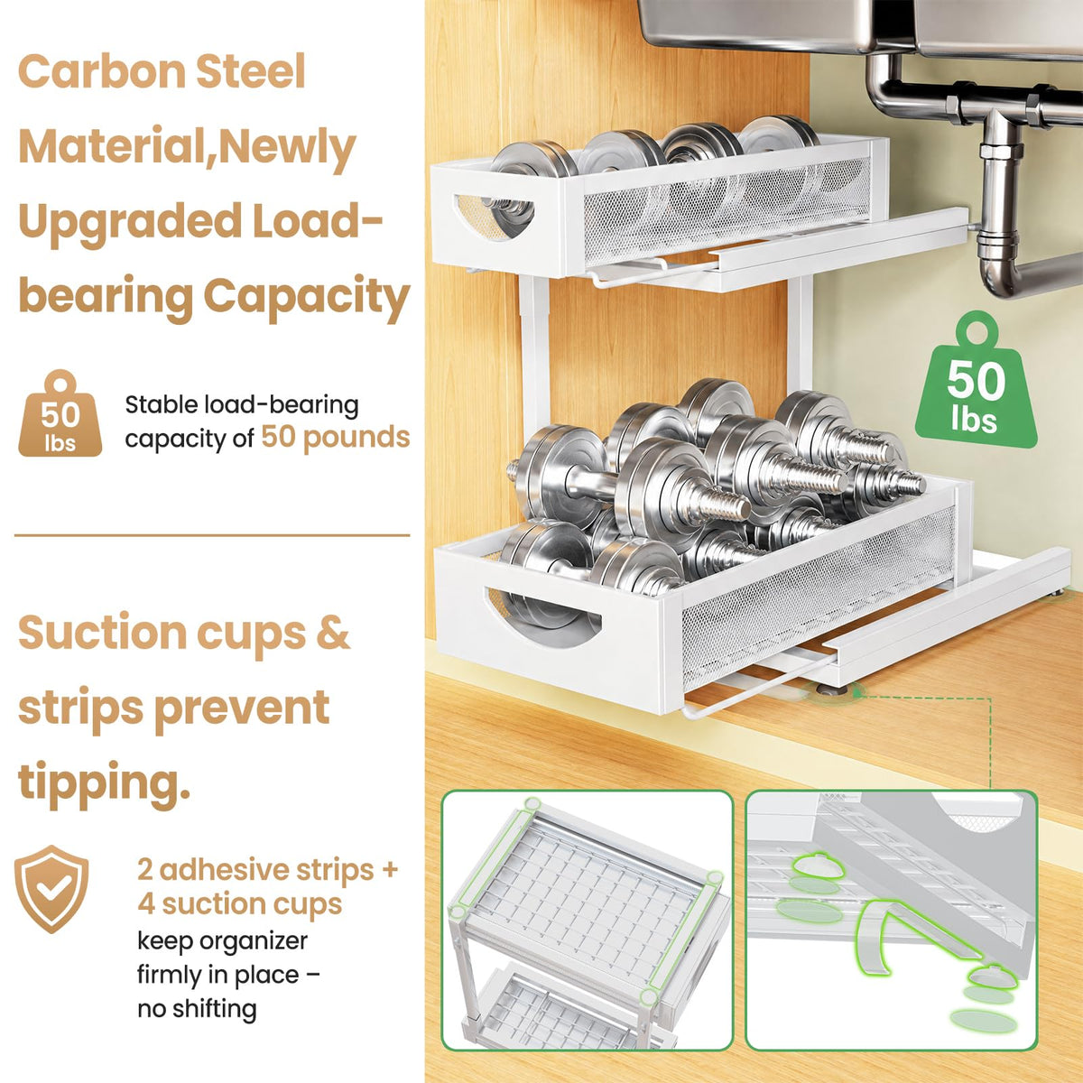 Under Sink Organizer for Kitchen and Bathroom Cabinets Pull Out Storage White 2 Pack 2Tier