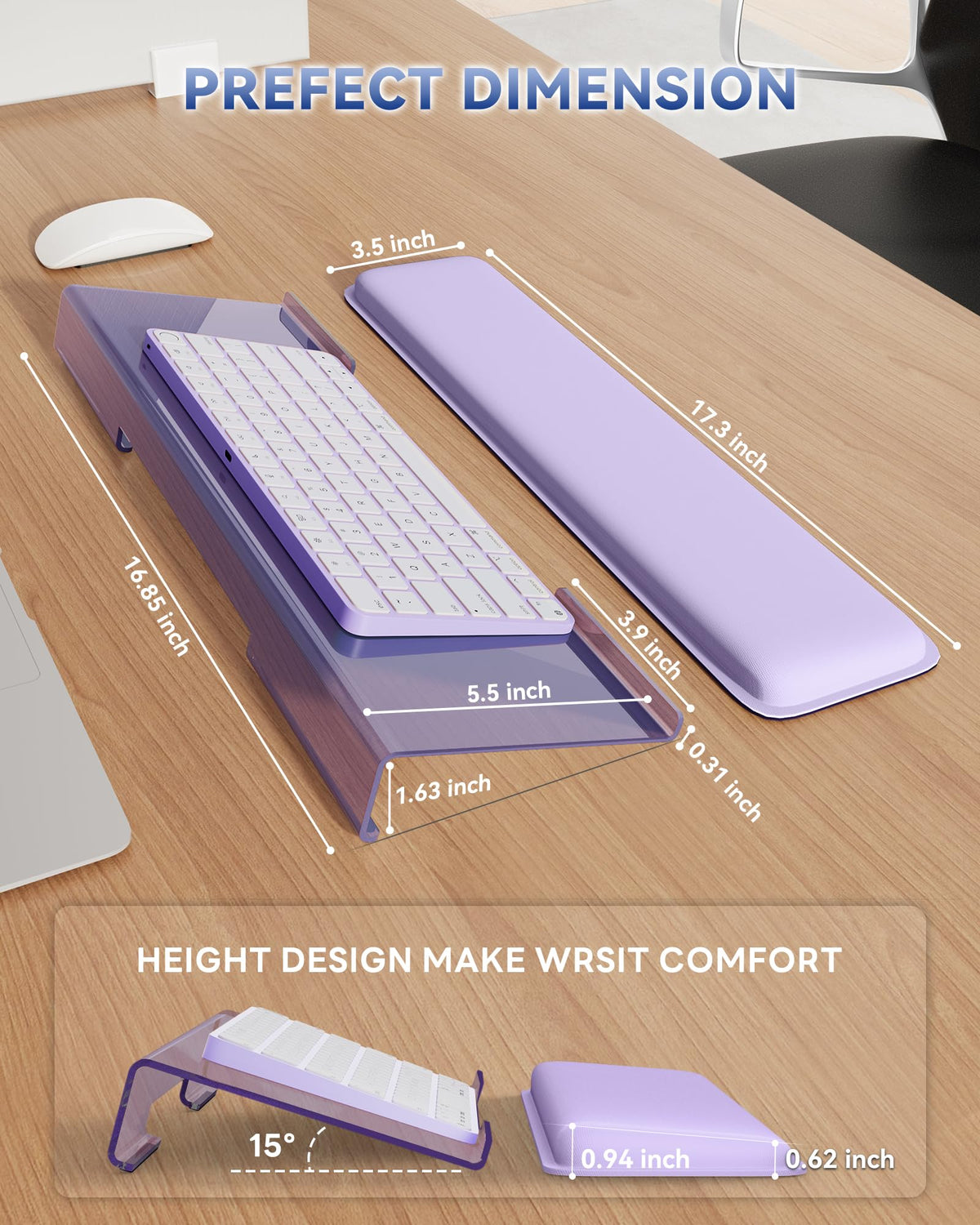 Laborio Computer Keyboard Wrist Rest, Keyboard Riser Stand for Desktop Purple Keyboard Stand With Wrist Rest