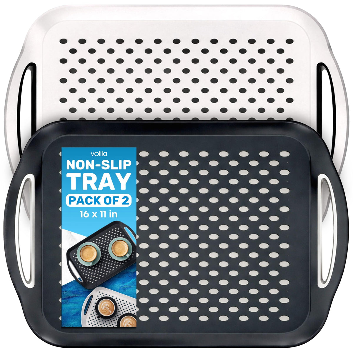 Food Trays for Eating on Couch - 2 Pack - Non Slip Dinner Trays for Eating Set of 2 Non Slip Serving Tray and Food Tray with Handles (Black & White) Black and White - 2 Pack