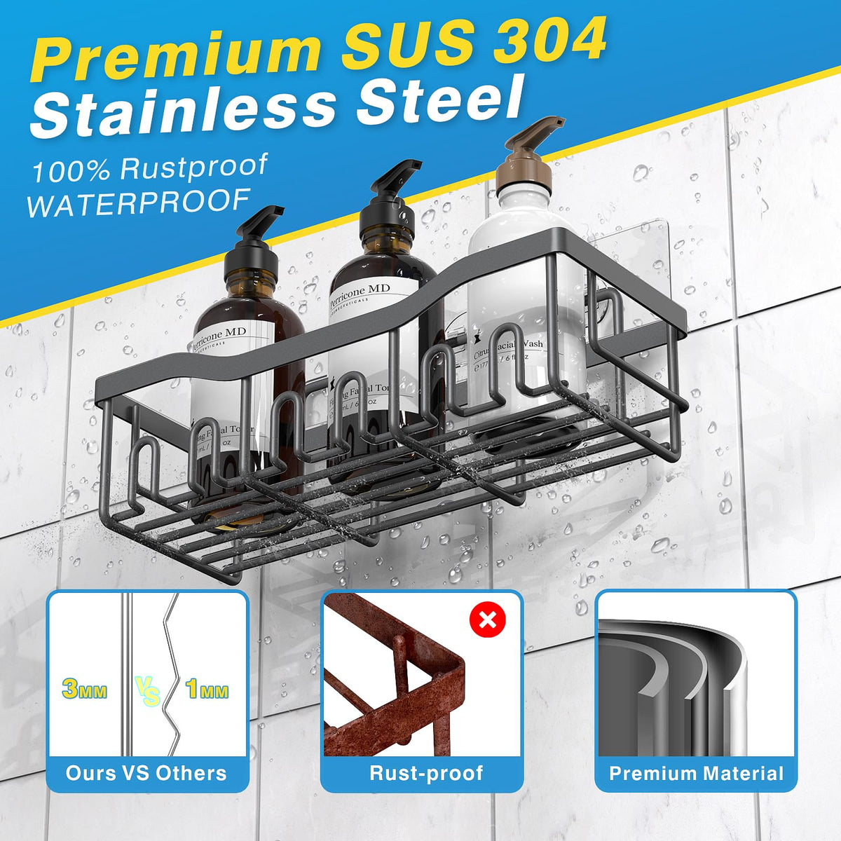 EUDELE Adhesive Shower Caddy, 5 Pack Rustproof Stainless Steel Bath Organizers With Large Capacity, No Drilling Shelves for Bathroom Storage & Home Decor Black