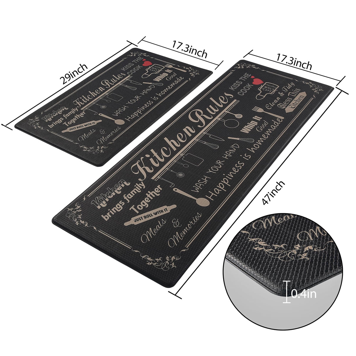 Floral Kitchen Mat Sets 2PCS Non Skid Waterproof Kitchen Rugs and Runner Sets Cushioned Anti-Fatigue Comfort Mat for Home,Office Memory Foam Kitchen Rug, 17.3"x30"+17.3"x47", Black/Pink 17"x30"+17"x47"--0.4 inches