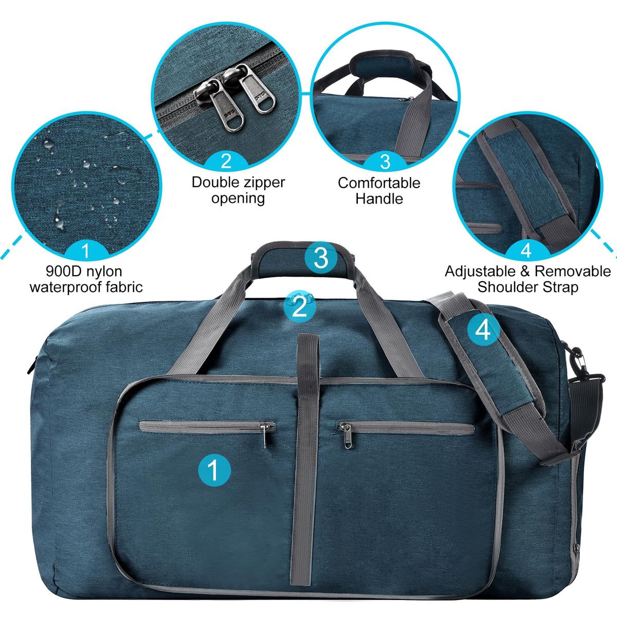 Felipe Varela Foldable Duffle Bag for Travel Weekend Overnight Gym Camping A Black 40L