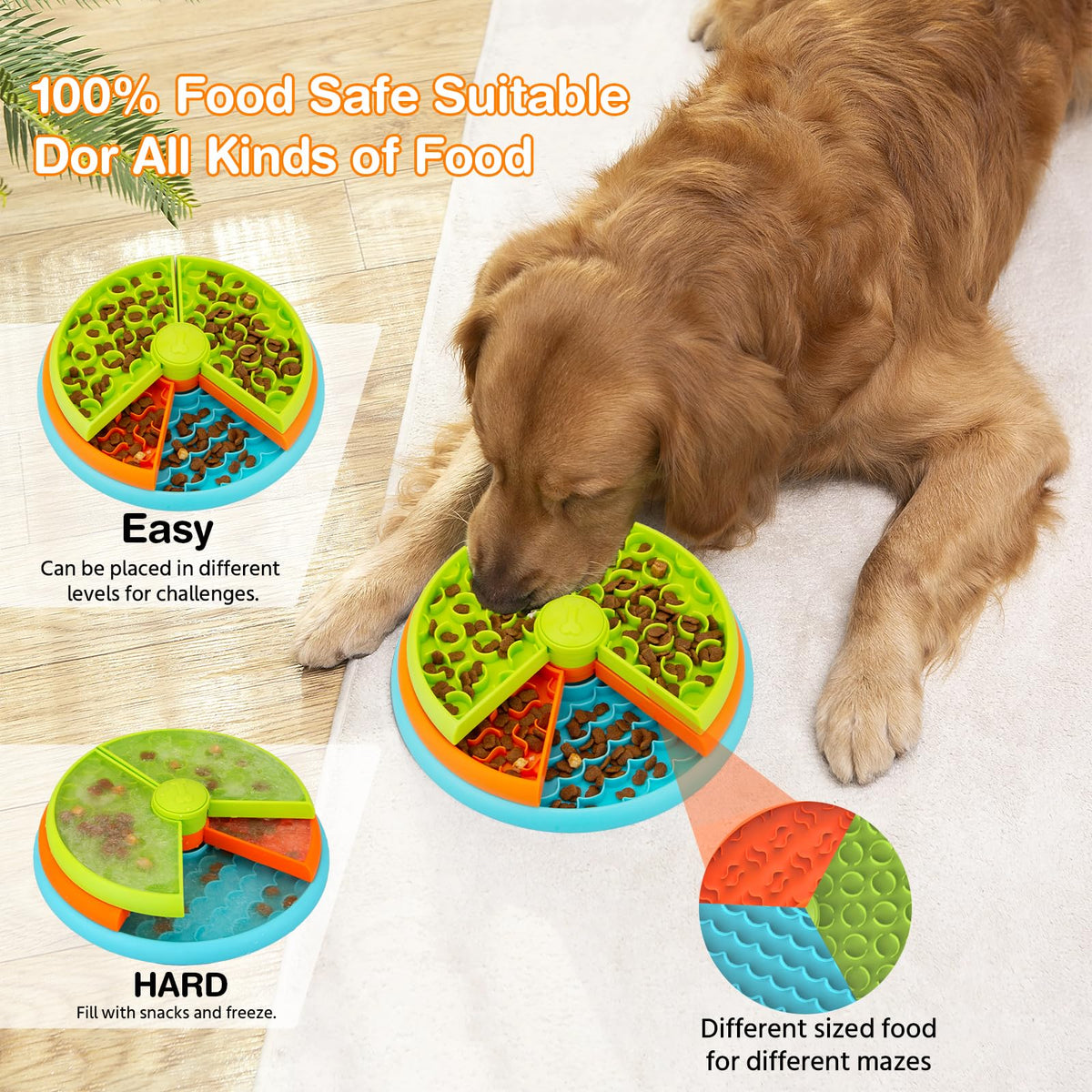Atdoall Slow Feeder Dog Bowl, 3-Level Interactive Dog Puzzle Feeder Orange